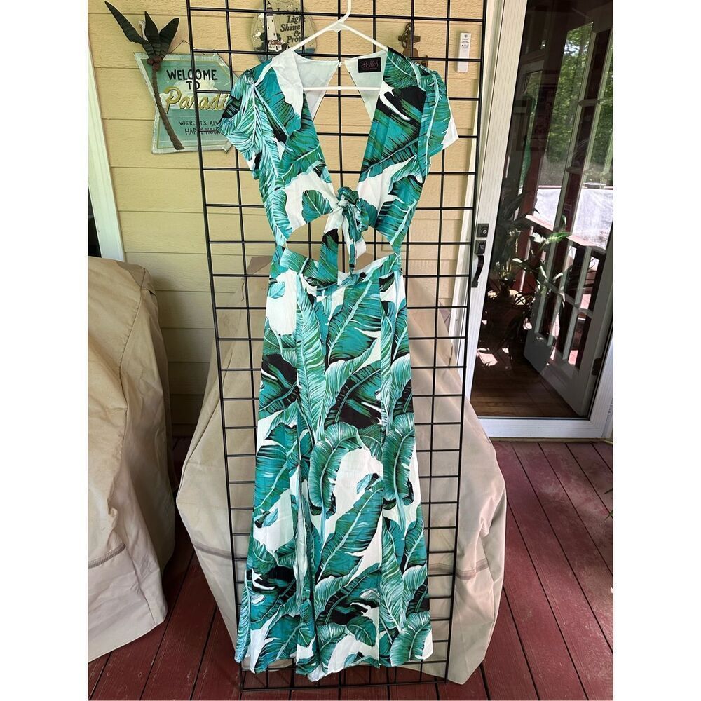 Hot Miami Styles Palm‎ Print Cutout Romper Dress Womens M Green Resortwear